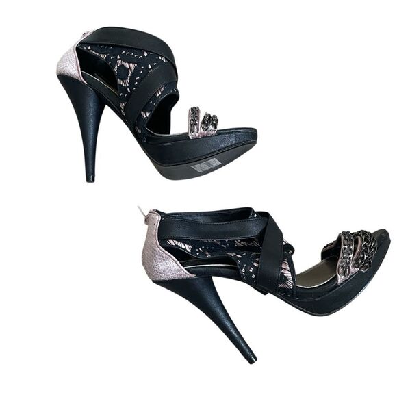 BKE Lace Open Toe Stiletto Sandals Size 7 Buckle Edgy Black Bikercore High Heels - Picture 4 of 12